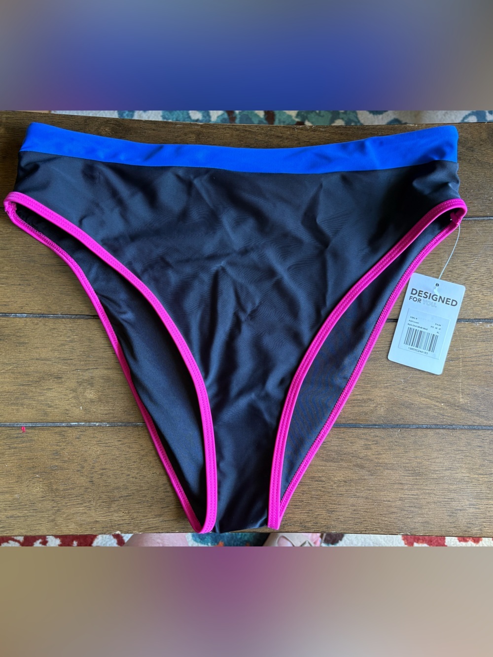 Cupshe Black Bikini Bottom with Pink Trim and Blue Waistband XL  NeW!